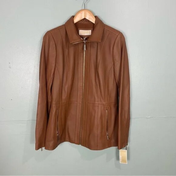 Michael Michael Kors Tan Brown Leather Zip Up Jacket Sz‎ M Read description - Picture 1 of 9
